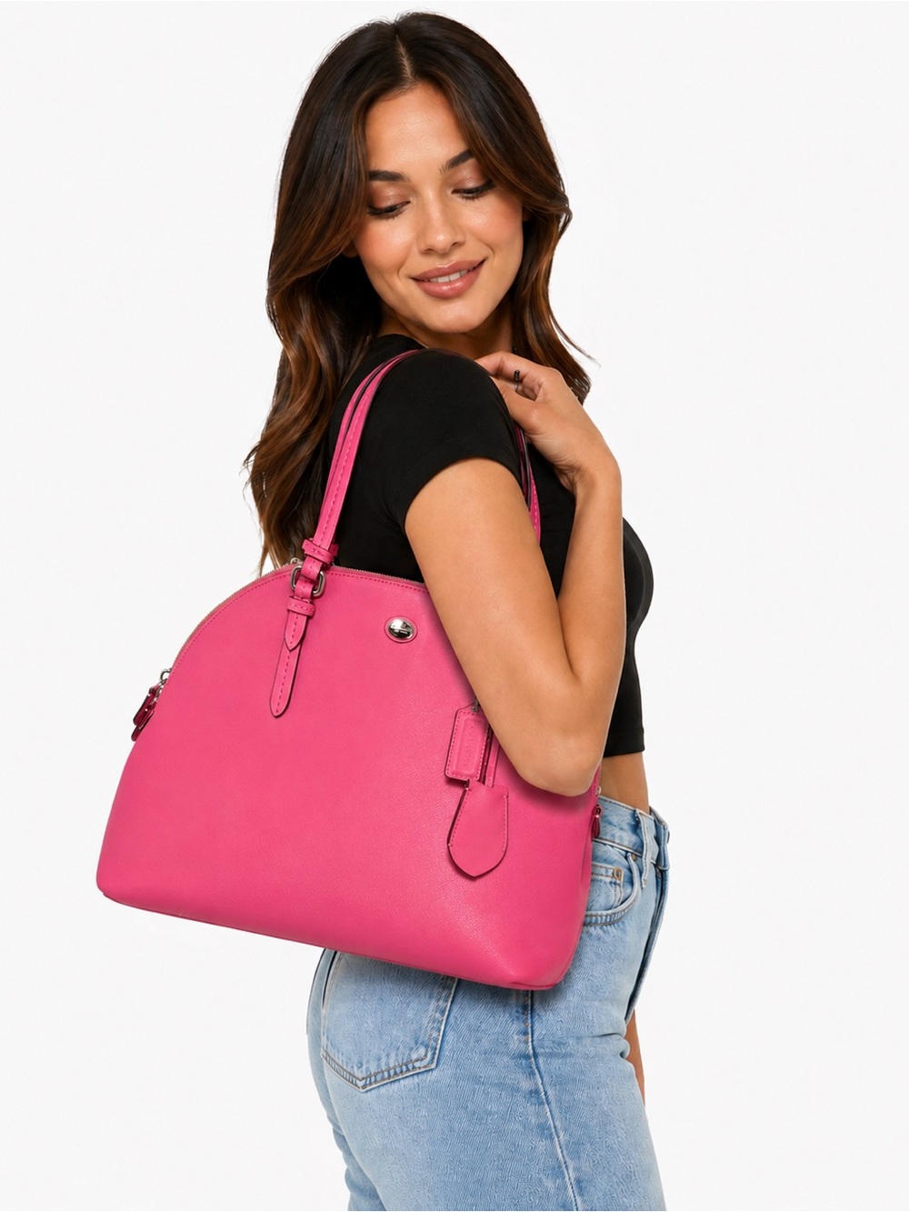 Coach Pink Saffiano Leather Dome Satchel Purse Large Shoulder Bag NWT